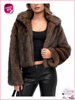Womens Faux Fur Coat Fluffy Lapel Winter Cropped Fur Jacket